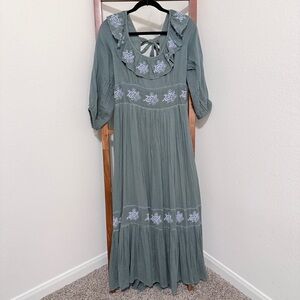 Free People Lovers Lane Ruffle Embroidery Floral Smocked Pine Maxi Dress Size LG